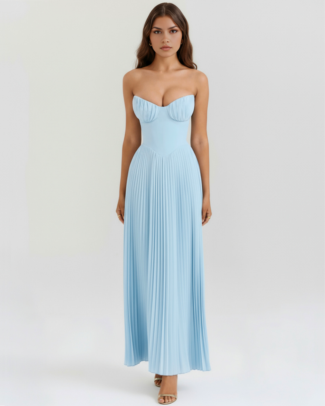 VALENTINA - VESTIDO MAXI PLISADO CORSET AZUL BEBÉ