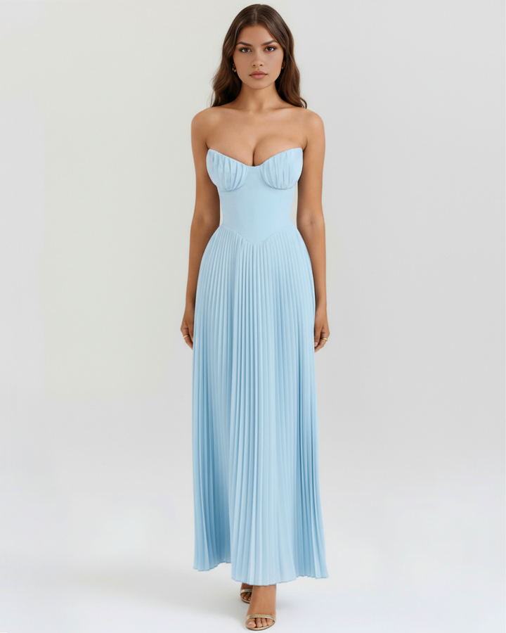 VALENTINA - VESTIDO MAXI PLISADO CORSET AZUL BEBÉ