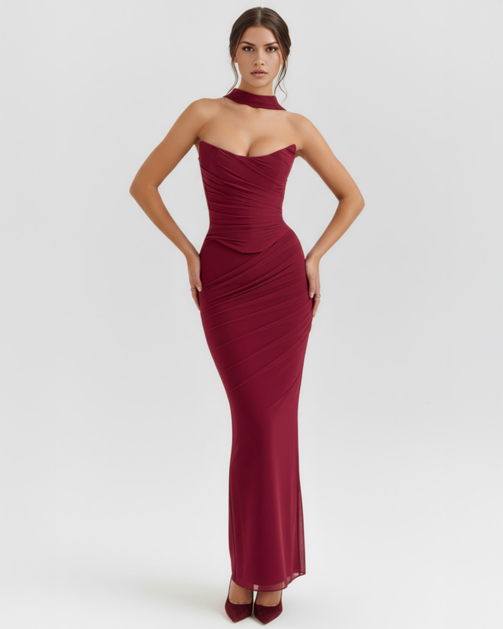 PATRICIA - CONJUNTO MIDI DE MALLA CON FALDA MAXI BURDEOS