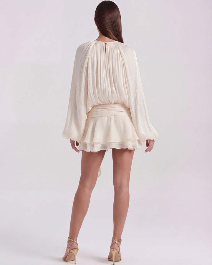 VIOLETA - VESTIDO MINI PLISADO CON VOLANTES CREMA