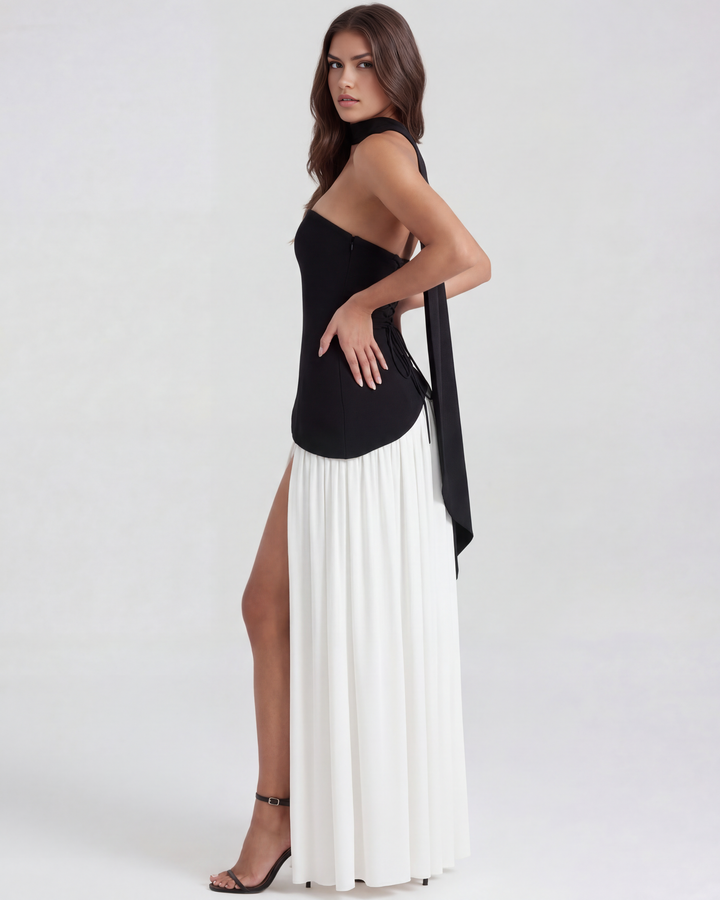 DANIELA - VESTIDO MAXI ESCOTE ESCULPIDO BLANCO Y NEGRO