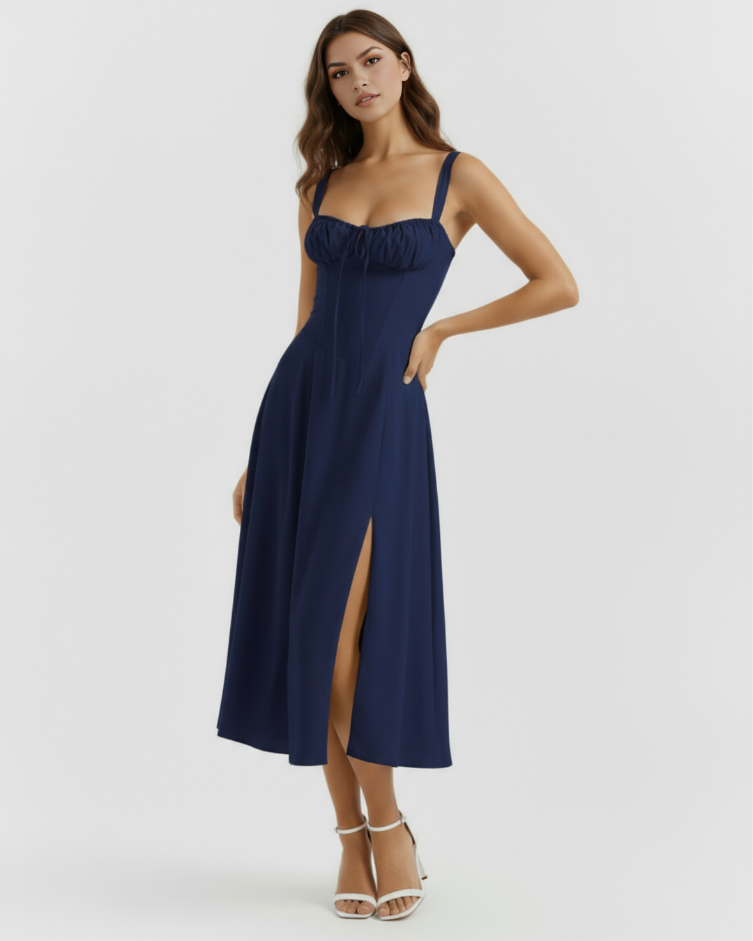 SILVIA - VESTIDO MIDI CORSET CON ABERTURA LATERAL AZUL NOCHE
