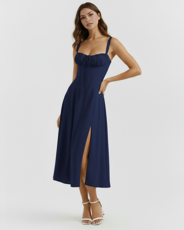 SILVIA - VESTIDO MIDI CORSET CON ABERTURA LATERAL AZUL NOCHE