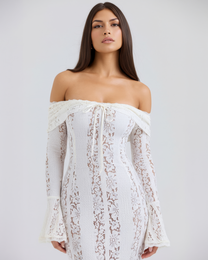 NATALIA - VESTIDO MAXI ENCAJE HOMBROS DESCUBIERTOS BLANCO