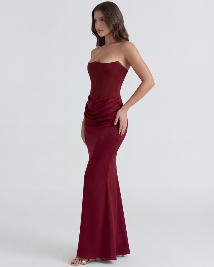 SONIA - VESTIDO MAXI CORSET SIN TIRANTES BURDEOS