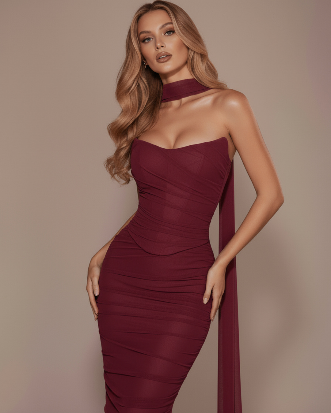PATRICIA - CONJUNTO MIDI DE MALLA CON FALDA MAXI BURDEOS