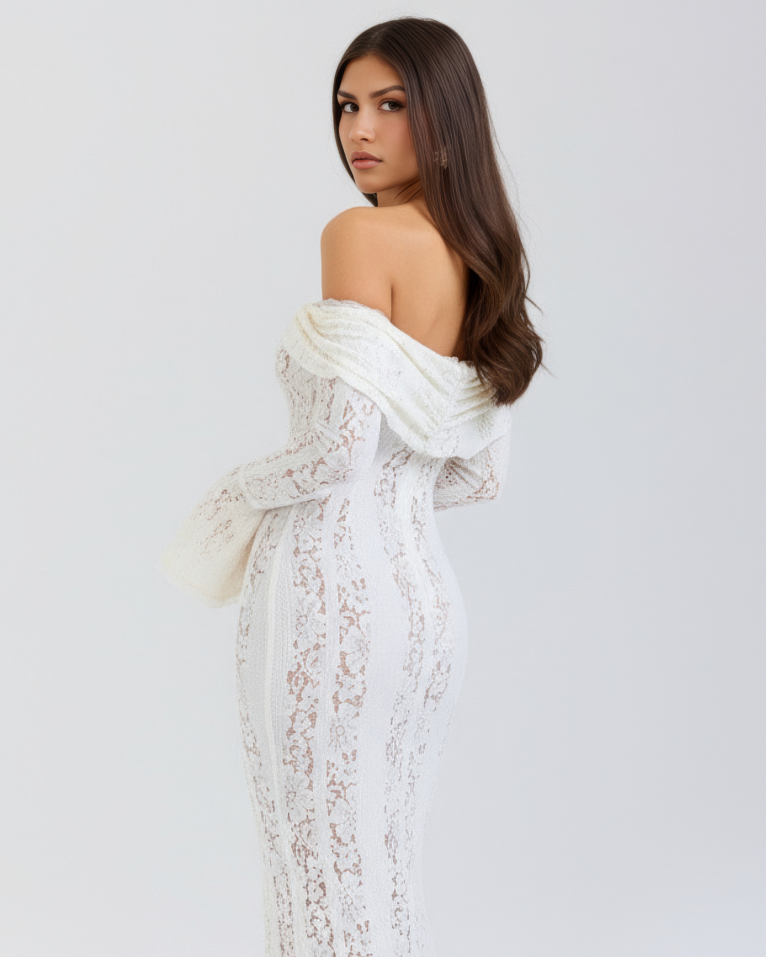 NATALIA - VESTIDO MAXI ENCAJE HOMBROS DESCUBIERTOS BLANCO