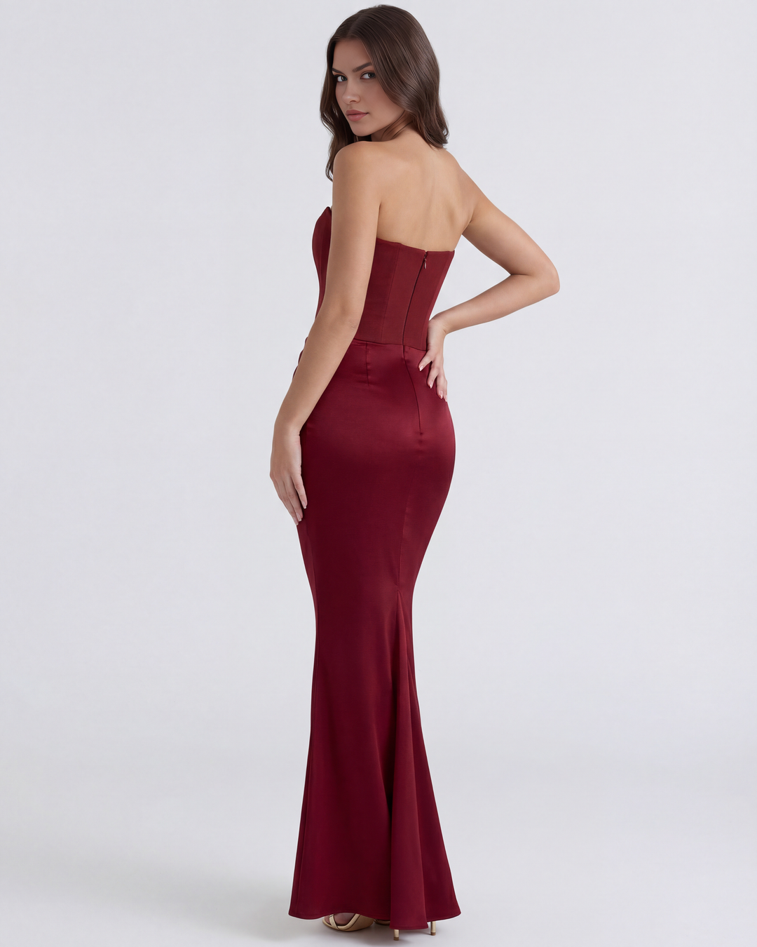 SONIA - VESTIDO MAXI CORSET SIN TIRANTES BURDEOS