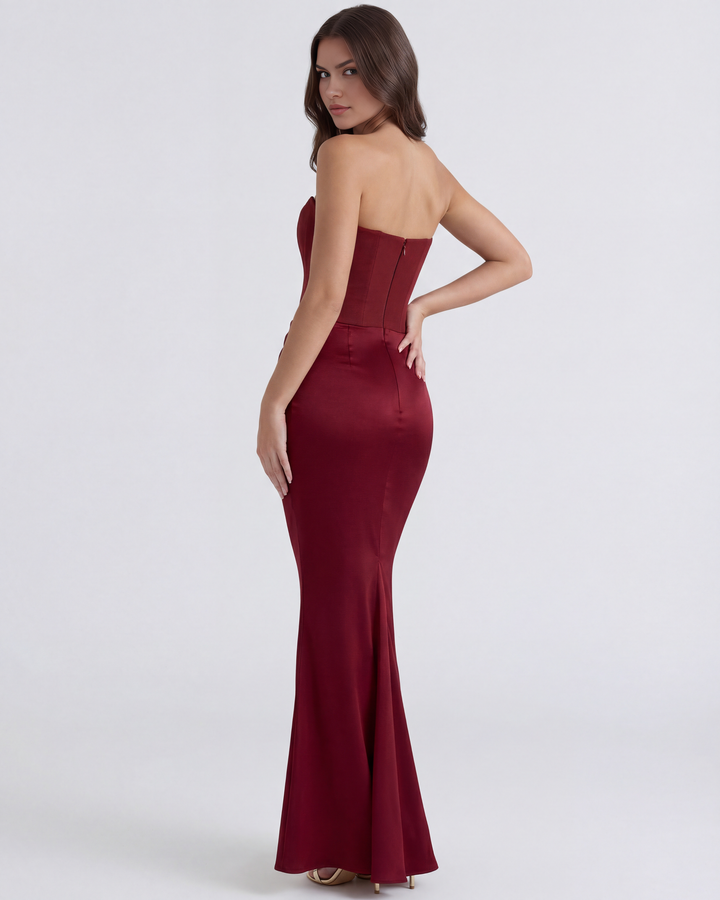 SONIA - VESTIDO MAXI CORSET SIN TIRANTES BURDEOS