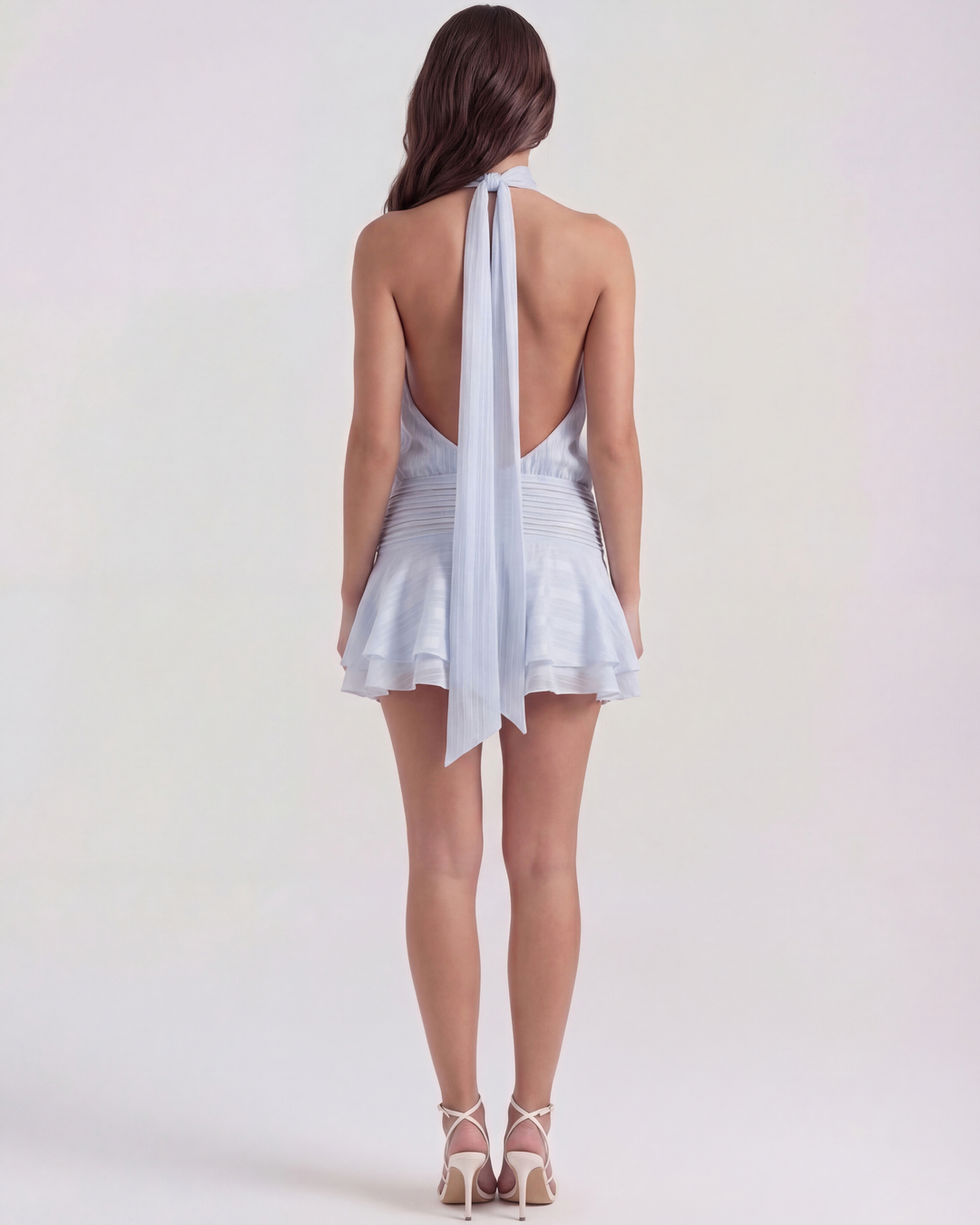 MARTINA - VESTIDO MINI GASA HALTER ASIMÉTRICO AZUL BEBÉ