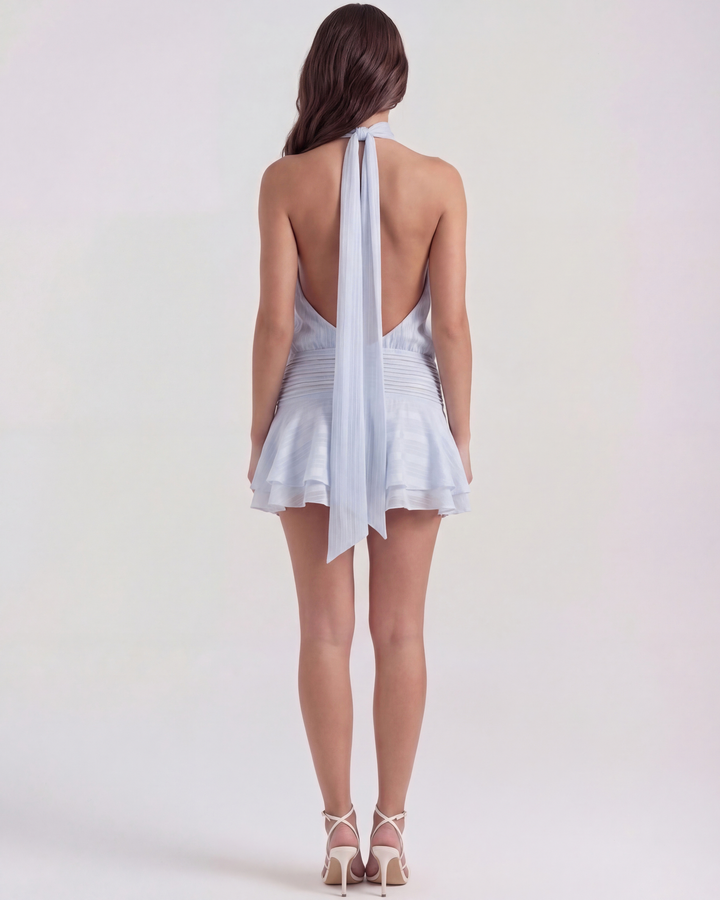 MARTINA - VESTIDO MINI GASA HALTER ASIMÉTRICO AZUL BEBÉ