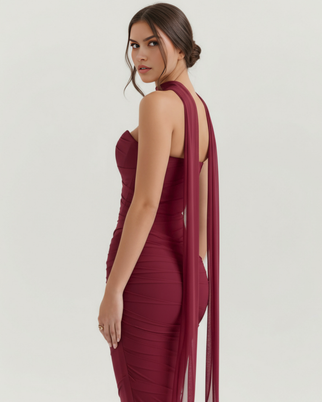 PATRICIA - CONJUNTO MIDI DE MALLA CON FALDA MAXI BURDEOS