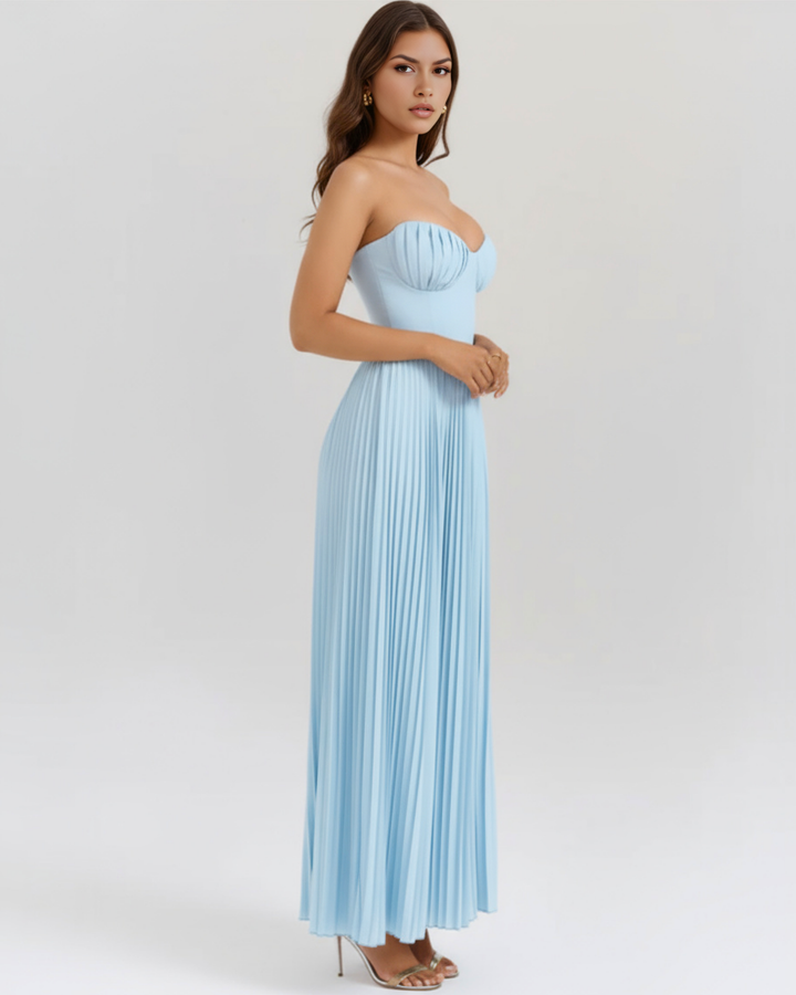 VALENTINA - VESTIDO MAXI PLISADO CORSET AZUL BEBÉ