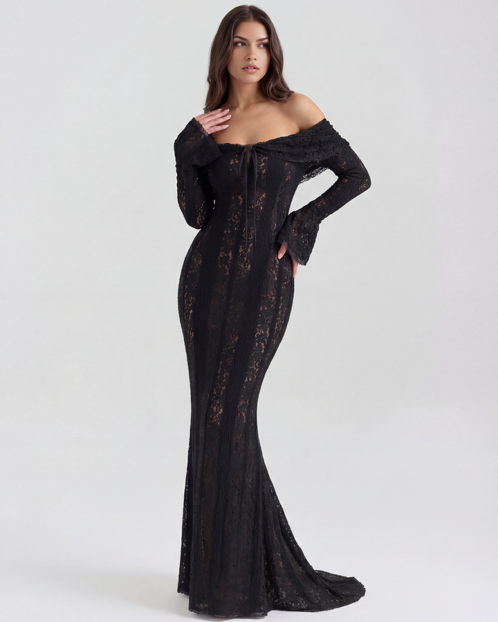YOLANDA - VESTIDO MAXI ENCAJE HOMBROS DESCUBIERTOS NEGRO