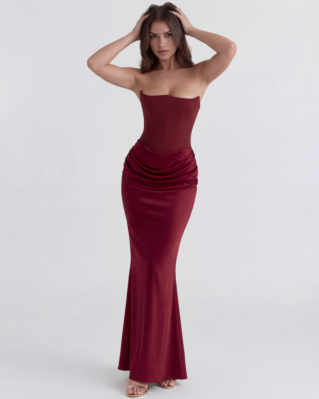 SONIA - VESTIDO MAXI CORSET SIN TIRANTES BURDEOS