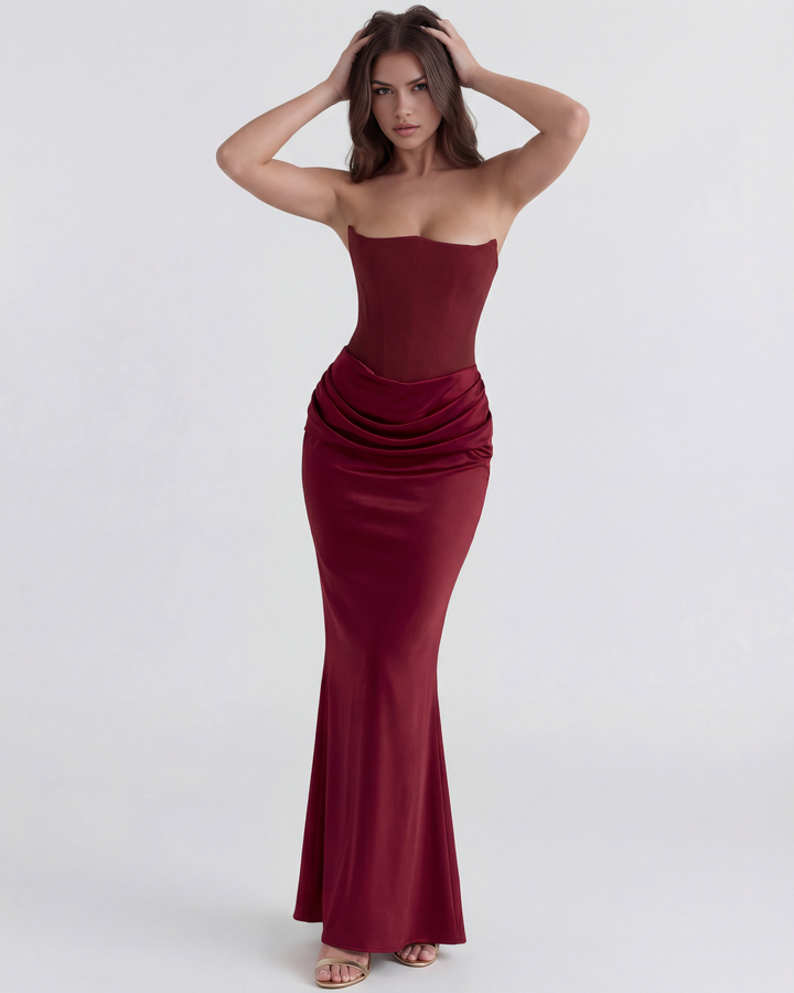 SONIA - VESTIDO MAXI CORSET SIN TIRANTES BURDEOS