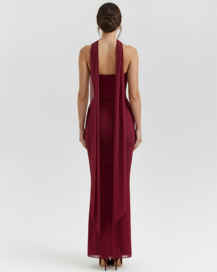 PATRICIA - CONJUNTO MIDI DE MALLA CON FALDA MAXI BURDEOS
