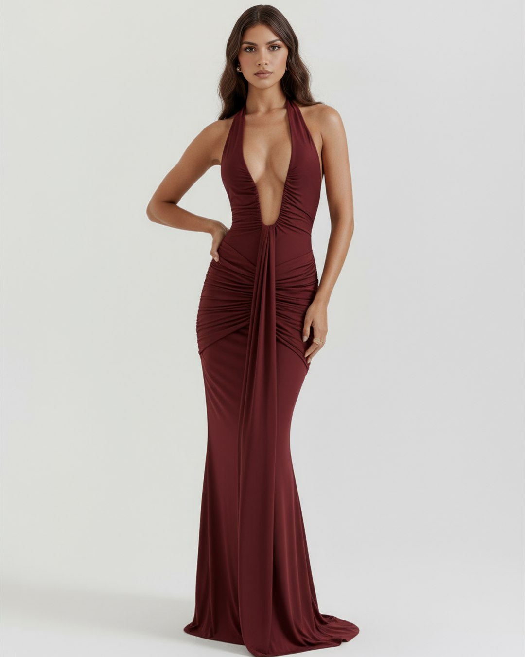 TERESA - VESTIDO MAXI HALTER ESCOTE EN V BURDEOS
