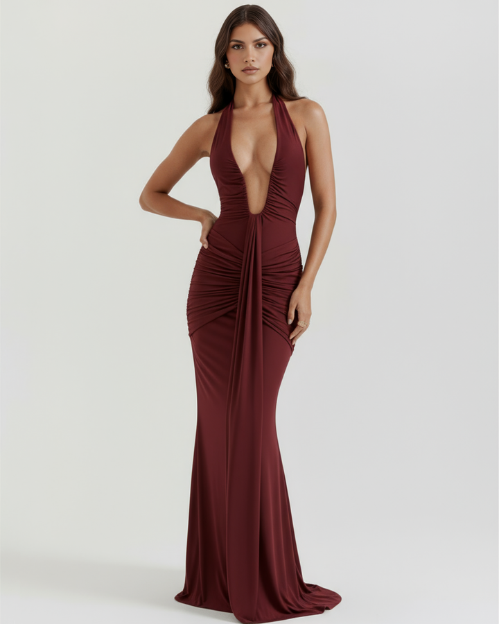 TERESA - VESTIDO MAXI HALTER ESCOTE EN V BURDEOS