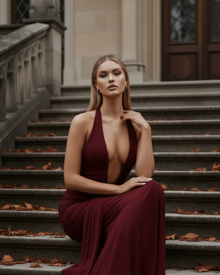 TERESA - VESTIDO MAXI HALTER ESCOTE EN V BURDEOS