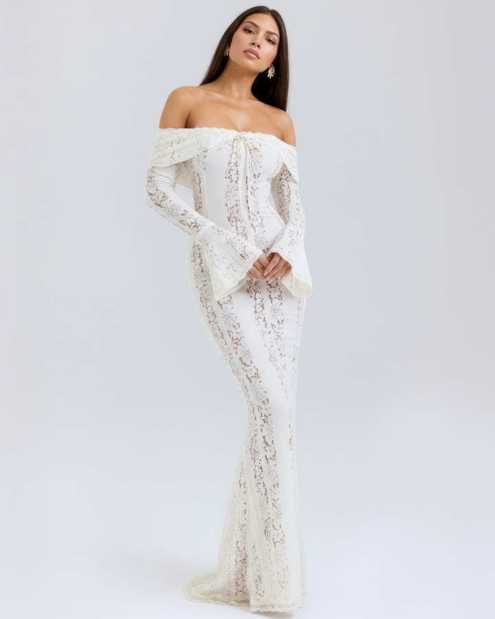 NATALIA - VESTIDO MAXI ENCAJE HOMBROS DESCUBIERTOS BLANCO