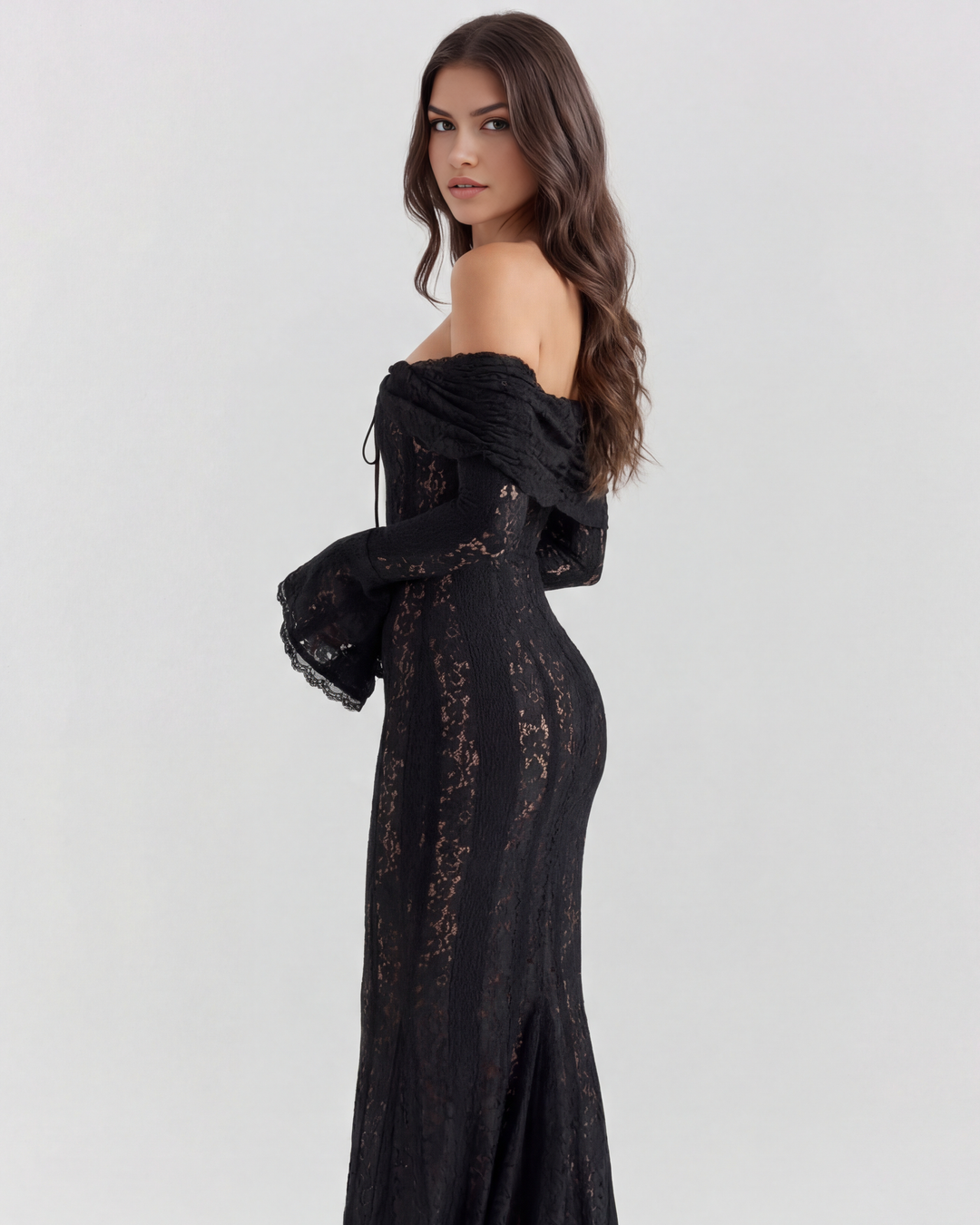 YOLANDA - VESTIDO MAXI ENCAJE HOMBROS DESCUBIERTOS NEGRO
