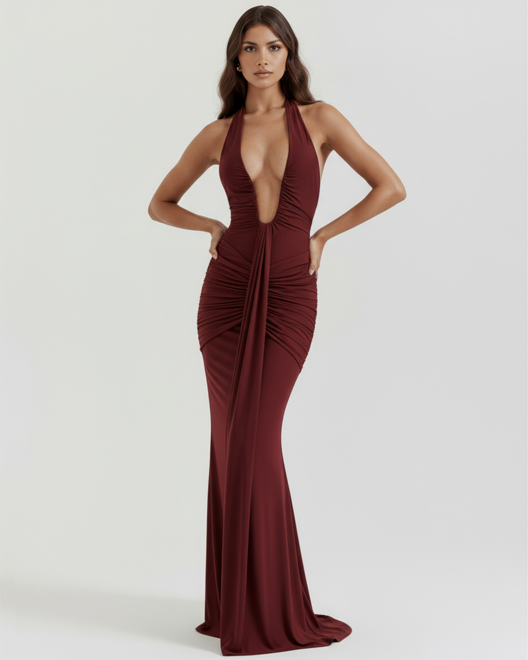 TERESA - VESTIDO MAXI HALTER ESCOTE EN V BURDEOS