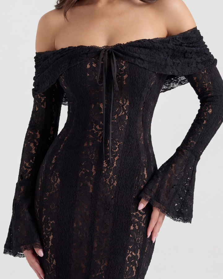 YOLANDA - VESTIDO MAXI ENCAJE HOMBROS DESCUBIERTOS NEGRO