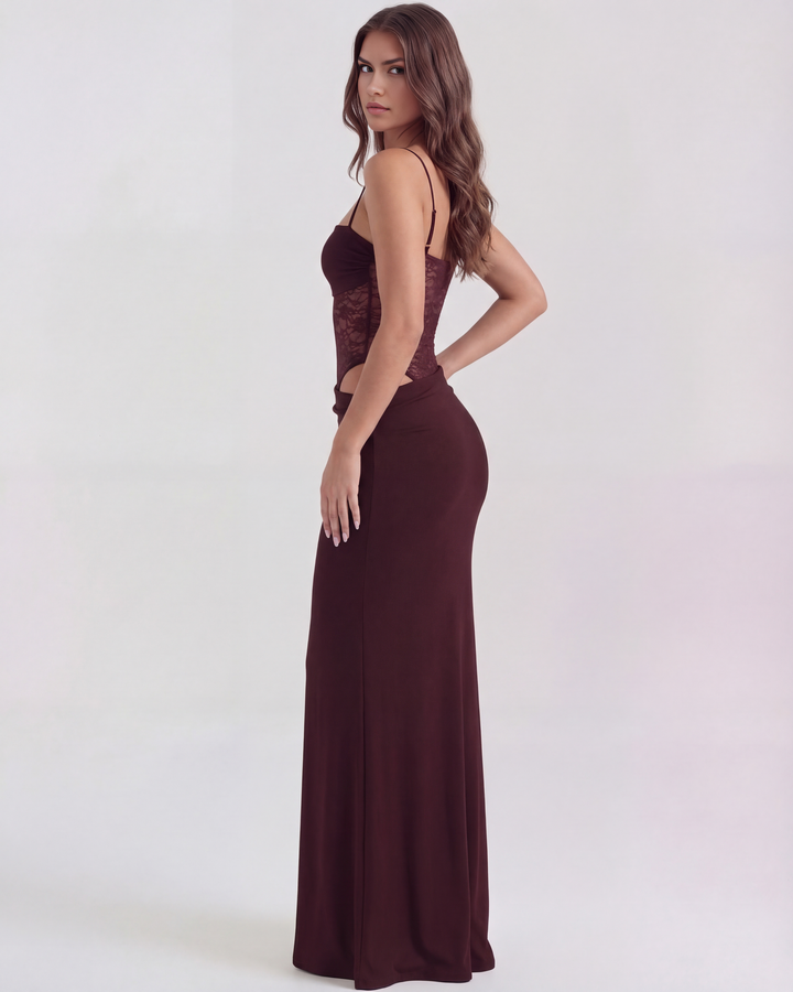 ARIADNA - VESTIDO MAXI ENCAJE CON CALADOS BURDEOS