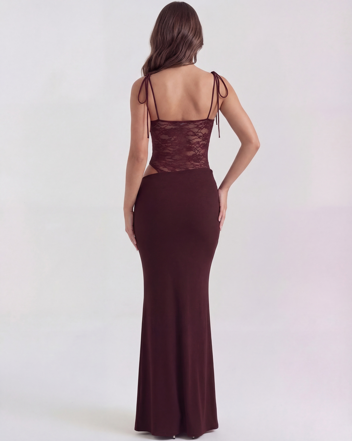 ARIADNA - VESTIDO MAXI ENCAJE CON CALADOS BURDEOS