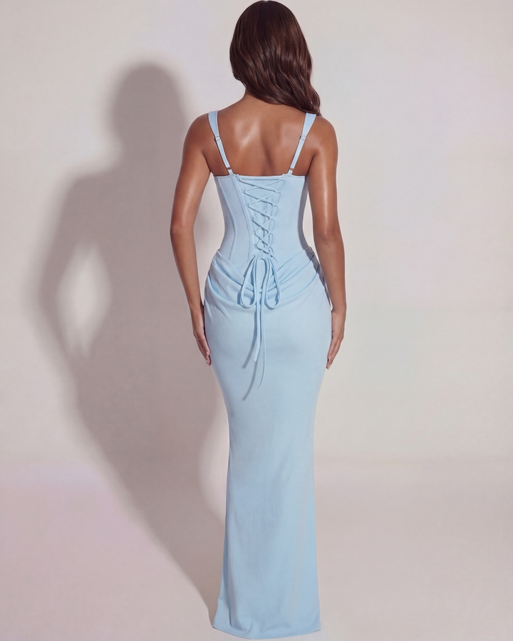 SARA - VESTIDO MAXI BODYCON ESPALDA CRUZADA AZUL BEBÉ