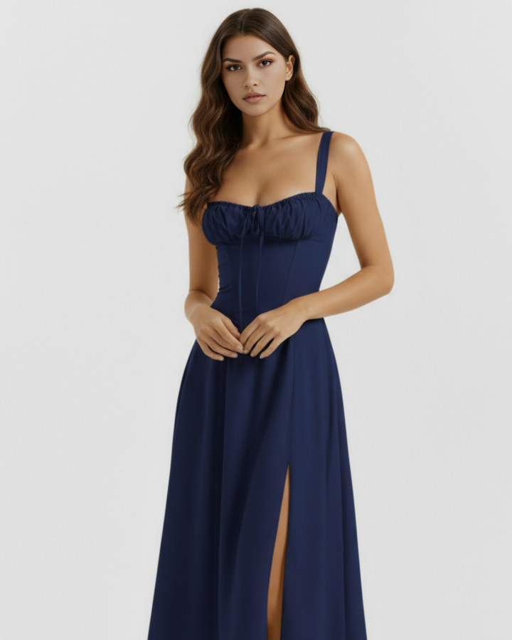 SILVIA - VESTIDO MIDI CORSET CON ABERTURA LATERAL AZUL NOCHE