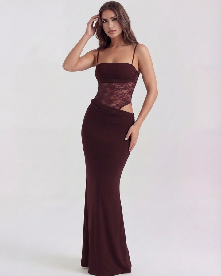 ARIADNA - VESTIDO MAXI ENCAJE CON CALADOS BURDEOS