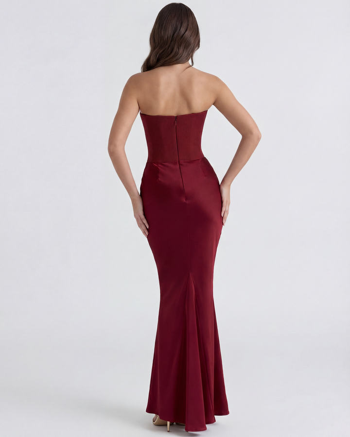 SONIA - VESTIDO MAXI CORSET SIN TIRANTES BURDEOS