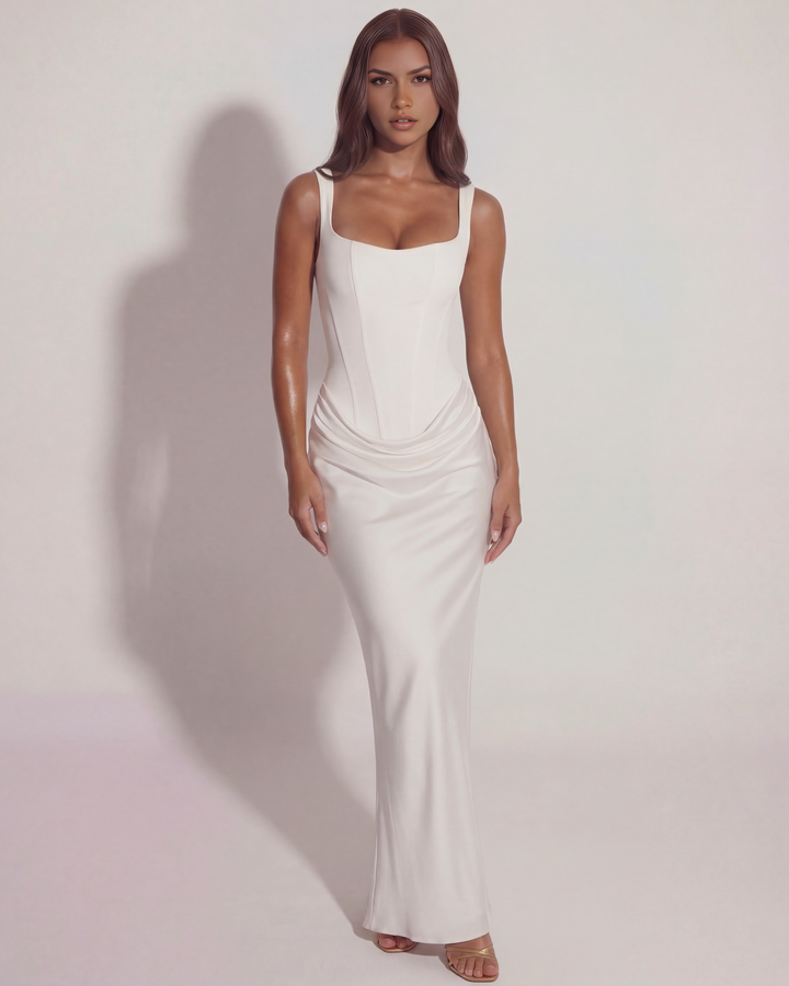 MONICA - VESTIDO MAXI BODYCON ESPALDA CRUZADA BLANCO