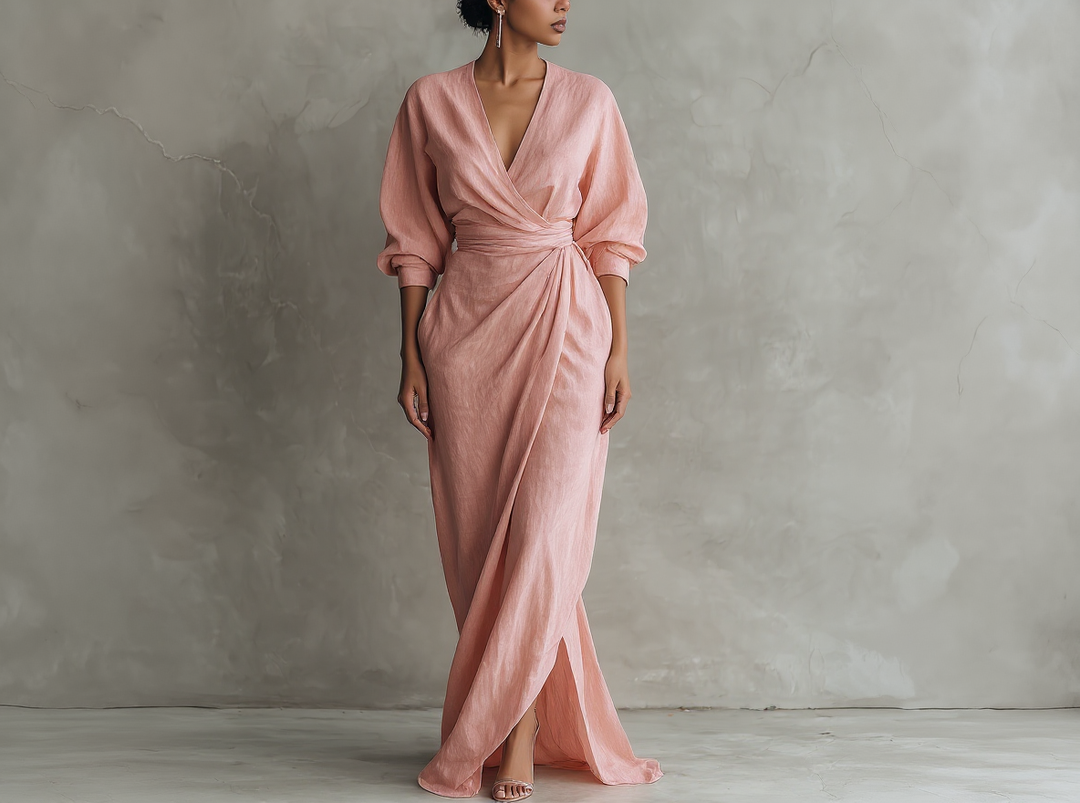 FABIANA - VESTIDO LARGO MINIMALISTA ROSA CON ESCOTE EN V DE MEZCLA DE LINO