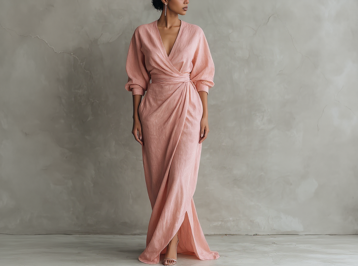 FABIANA - VESTIDO LARGO MINIMALISTA ROSA CON ESCOTE EN V DE MEZCLA DE LINO