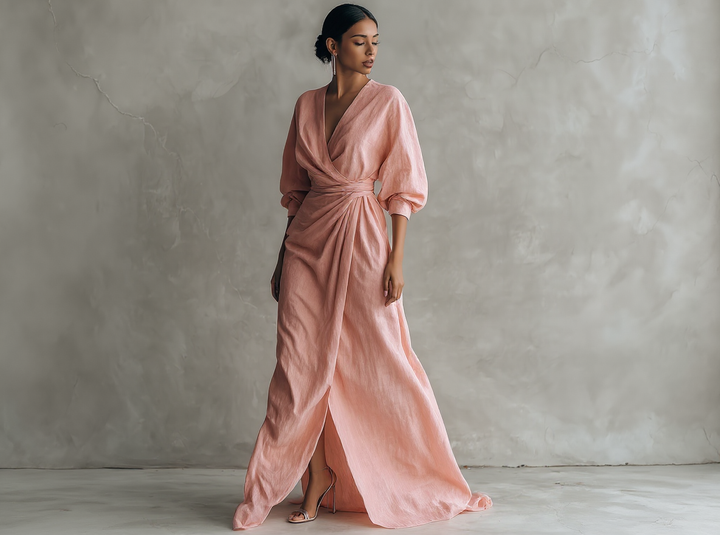 FABIANA - VESTIDO LARGO MINIMALISTA ROSA CON ESCOTE EN V DE MEZCLA DE LINO
