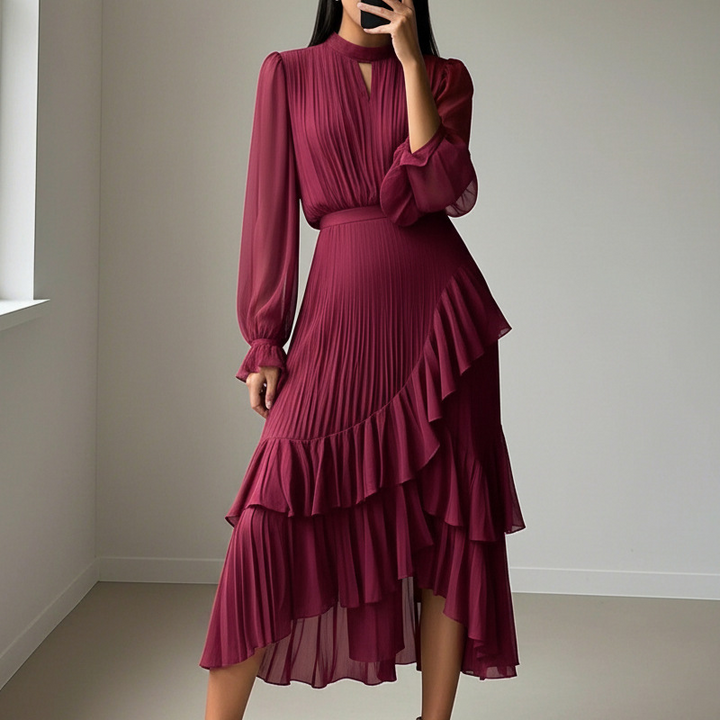 VIOLETA - ELEGANTE VESTIDO MIDI PLISADO CON VOLANTES