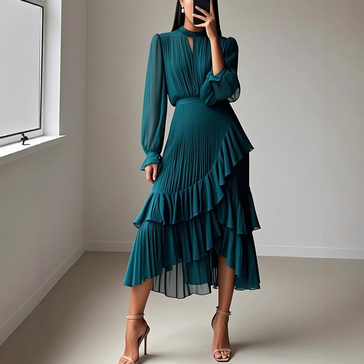 VIOLETA - ELEGANTE VESTIDO MIDI PLISADO CON VOLANTES