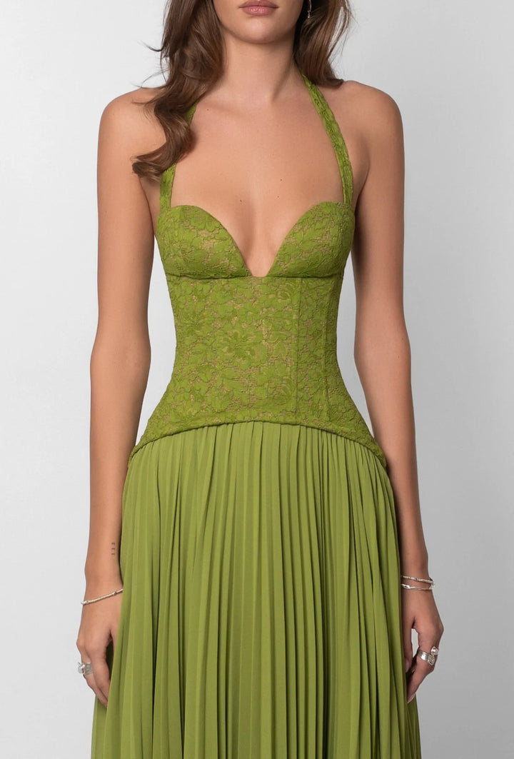 ALBA - VESTIDO VERDE OLIVA CON CORSE TEXTURIZADO